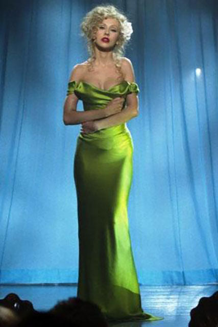 Christina Aguilera Green Off Shoulder Prom Dress in Burlesque