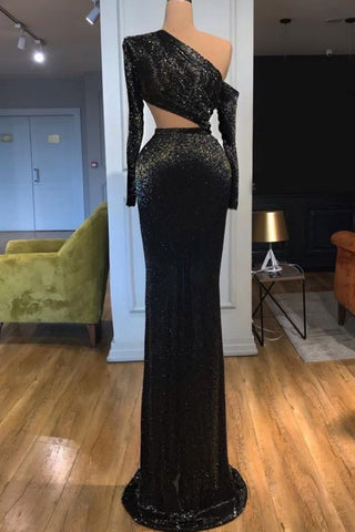Black One-shoulder Cut Out Sequined Prom Dress