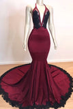 Sexy Backless Burgundy Evening Dress Halter Mermaid Gown