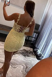Sexy Yellow Applique Lace Mini Tight Party Dress