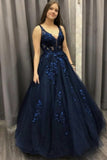 Dark Navy Tulle Applique Prom Dress Ball Gown