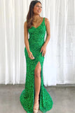 Green Sexy Sequined Thigh-high Slit Cut Out Prom Dress