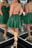 Green Sexy Applique Backless Spaghetti Straps Homecoming Dress