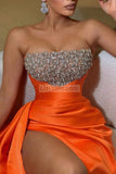 Sexy Orange Sparkly Strapless High Slit Evening Dress