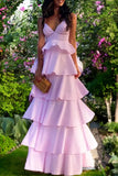 Pink V-neck Backless A-line Fluffy Sweet Princess Prom Dress