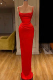 Red Column Ruffled Spaghetti Strap Prom Dress Formal Gown