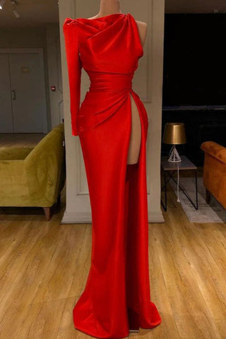 Red Sexy One Sleeve High Slit Prom Dress
