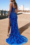 Royal Blue Sexy Thigh-high Slit Applique Prom Dress