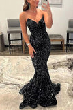 Sexy Strapless Black Sequined Ruffled Mermaid Formal Gown
