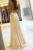 Champagne Spaghetti Straps Thigh-high Slit Prom Dress Evening Gown