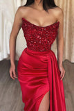 Red Strapless High Slit Corset Sequined Prom Dress