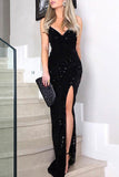Sparkly Sequined Spaghetti Straps Thigh-high Slit Prom Dress