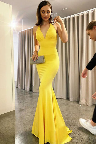 Yellow Halter Backless Mermaid Evening Dress Formal Gown
