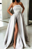 Silver Strapless A-Line High Split Formal Gown Evening Dresses