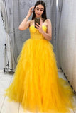 Yellow A-line Spaghetti straps Tulle Prom Gown Formal Dress