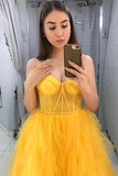 Yellow A-line Spaghetti straps Tulle Prom Gown Formal Dress