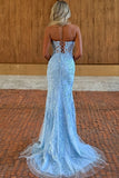Light Sky Blue Strapless Corset Mermaid Lace Evening Dress