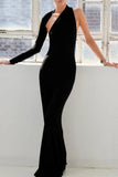 Chic Black Long Sleeve One Shoulder Backless Mermaid Prom Dress Dresses