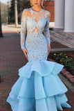 Light Sky Blue Lace Long Sleeves Mermaid Open Back Ruffled Prom Gown Dresses