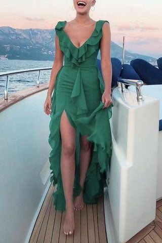 Chic Green Deep V-neck Ruffled Slit Sleeveless Beach Long Prom Dress