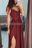 Burgundy A-Line V-Neck Lace Spaghetti Straps Long Prom Dress Dresses