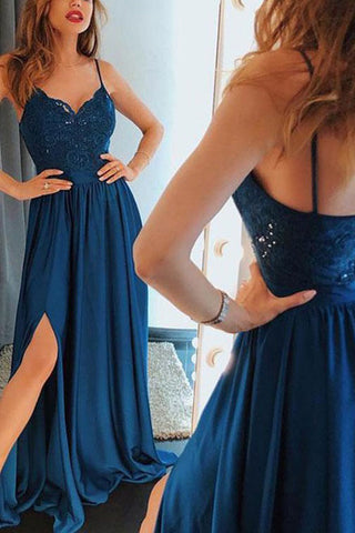 Royal Blue A-line Slit Lace Beaded Spaghetti Straps V-neck Long Prom Dress