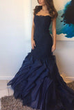 Elegant Dark Navy Lace Mermaid Ruffled Strapless Prom Gown