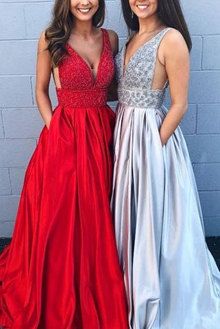 Chic Red Deep V-neck Beaded Sleeveless Ball Gown Prom Dress