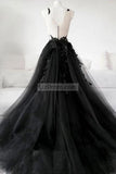 Black Applique V-Neck Spaghetti Straps Princess Prom Ball Gown Dresses
