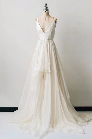 Elegant Ivory A-line Deep V-neck Princess Gown Wedding Dress