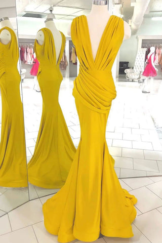 Yellow Deep V-neck Open Back Ruffled Mermaid Long Prom Dress
