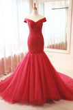Red Mermaid Off Shoulder Ruffled Evening Dress Wedding Gown