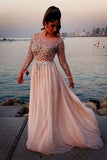 A-line Beaded Prom Dress With Long Sleeves.