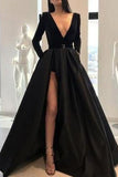 Black V-neck Velvet Long Sleeves Evening Gown With Slit