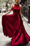 Burgundy A-line Pleated Sleeveless Scoop Evening Prom Dress