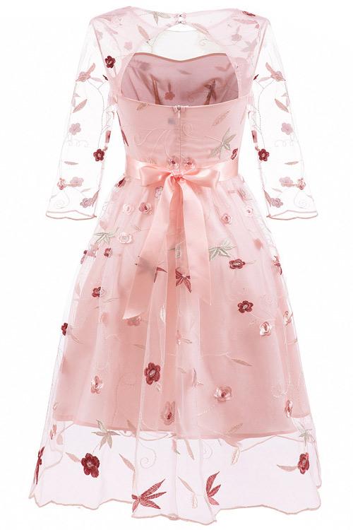 Pink Embroidered A-line Homecoming Dress With Long Sleeves | Starlish
