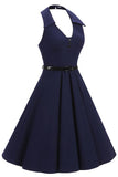 Dark Navy Halter Fit And Flare Homecoming Dress