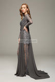 Gray V-neck Beaded Lace Prom Wedding Dress With Long Sleeves