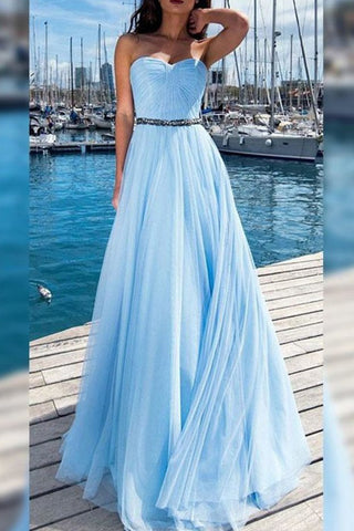 Light Sky Blue A-line Beaded Strapless Chiffon Prom Dress