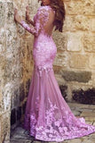 Lilac Mermaid Applique Prom Dress With Long Sleeves.