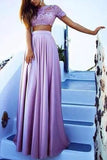 Lilac A-line Two Pieces Short Sleeves Matte Satin Lace Prom Dress