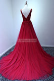 Long Red Beaded V-Neck Tulle A-Line Prom Gown Evening Dress