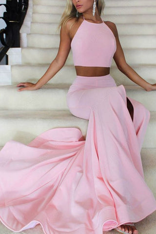 Blushing Pink Halter Two Pieces Mermaid High Slit Prom Evening Dress.