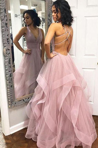 Pearl Pink V-neck Lace-up A-line Evening Dress