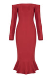 Red Off-the-shoulder Mermaid Prom Bandage Dress With Long Sleeves