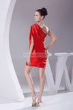 Red One Shoulder Beaded Satin Short Prom Homecoming Dress