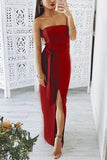 Sexy Red Strapless Thigh-high Slit Long Bandage Prom Dress