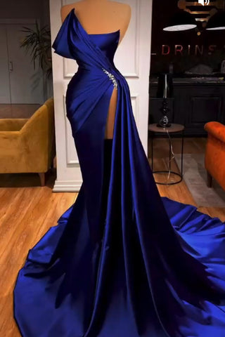 Royal Blue Sexy Strapless Thigh-high Slit Formal Dress