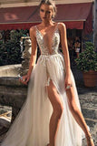 Deep V-neck Sexy Applique See Through Thigh-high Slit Prom Dress.