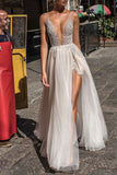 Deep V-neck Sexy Applique See Through Thigh-high Slit Prom Dress.